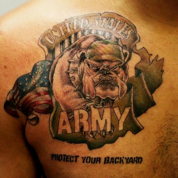 Army - Bulldog With USA Flag Tattoo On Left Back Shoulder