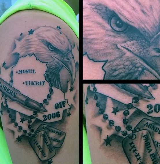 Army Eagle Head With Bullet And Tags Tattoo On Right Shoulder