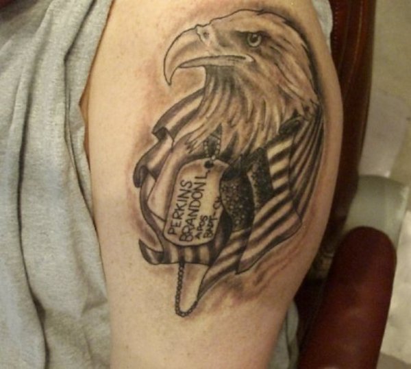 Army Eagle Head With Flag And Tag Tattoo On Left Shoulder