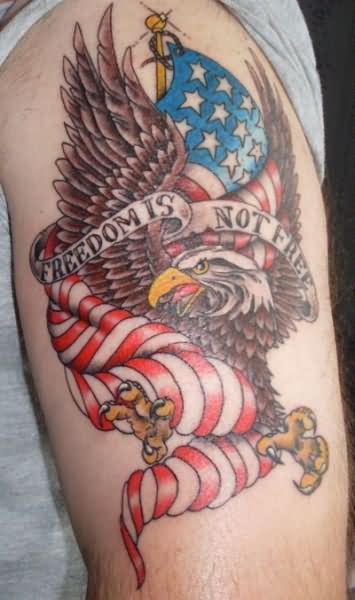Army Eagle With USA Flag And Banner Tattoo Design For Sleeve