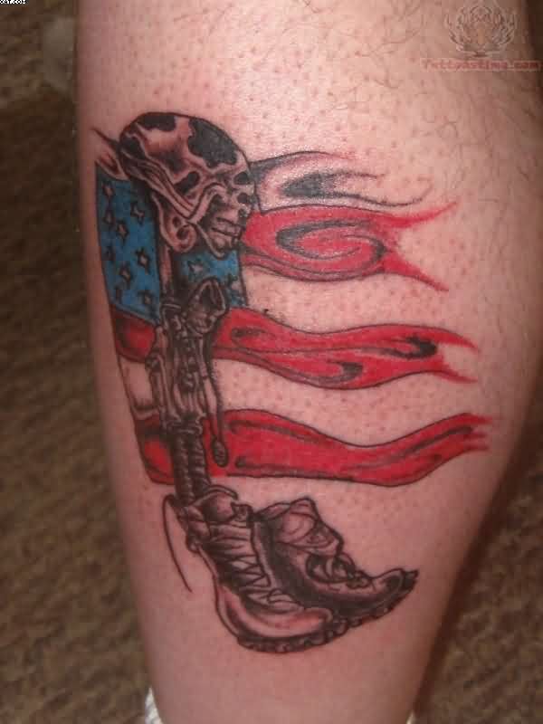 Army Equipment With USA Flag Tattoo On Leg