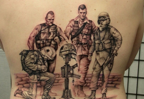 Army Equipments And Soldiers Tattoo On Full Back