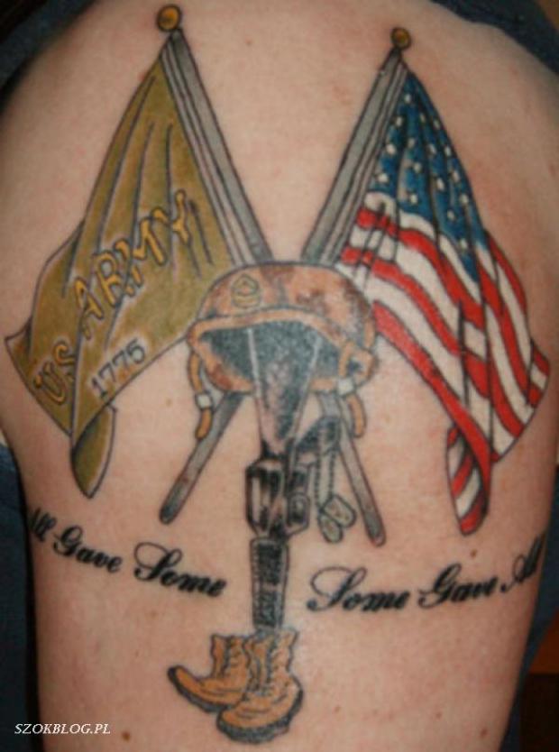 Army Equipments And USA Flag Tattoo On Shoulder