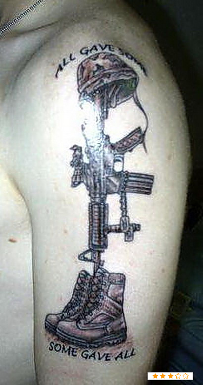 Army Equipments Tattoo On Man Left Shoulder