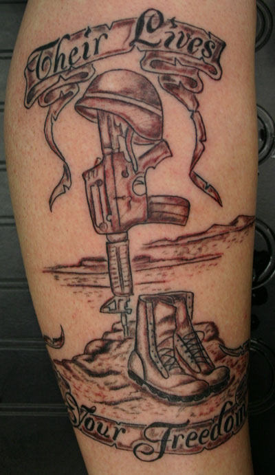 Army Equipments With Banner Tattoo Design For Leg