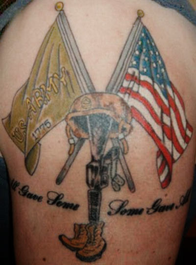 Army Equipments With USA Flag Tattoo Design For Shoulder