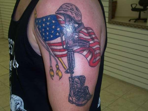 Army Equipments With USA Flag Tattoo On Left Half Sleeve