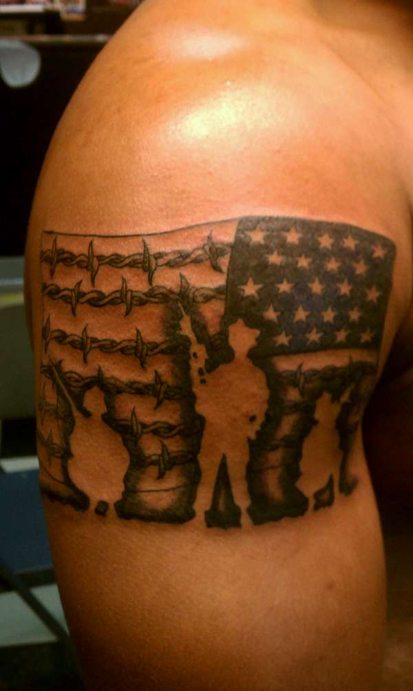 Army Flag With Soldiers Tattoo On Shoulder