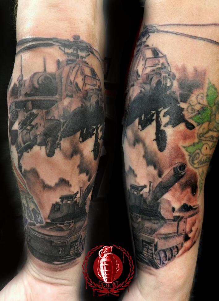 Army Helicopter And Tank Tattoo On Arm