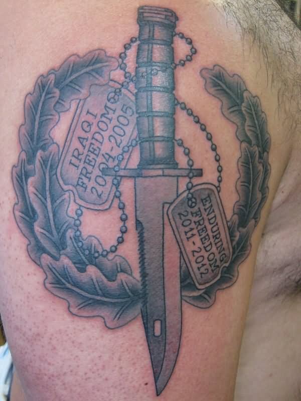 Army Knife With Tags Tattoo Design For Shoulder