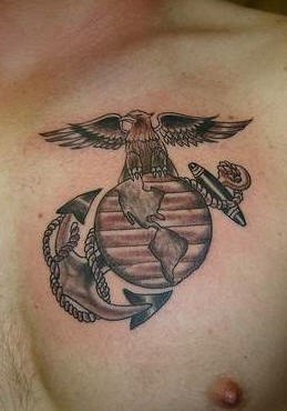Army Marine Logo Tattoo On Man Chest
