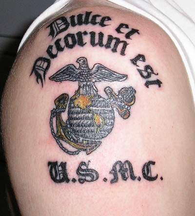 Army Marine Logo Tattoo On Right Shoulder