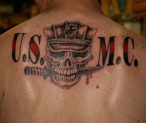 Army Skull Holding Knife In Teeth Tattoo On Upper Back