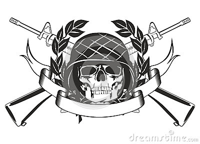 Army Skull With Two Crossing Guns And Ribbon Tattoo Stencil