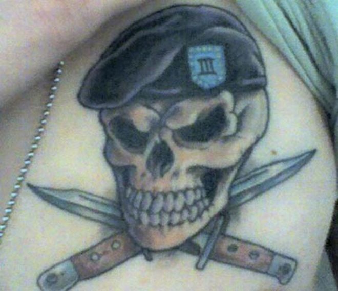Army Skull With Two Crossing Knife Tattoo Design
