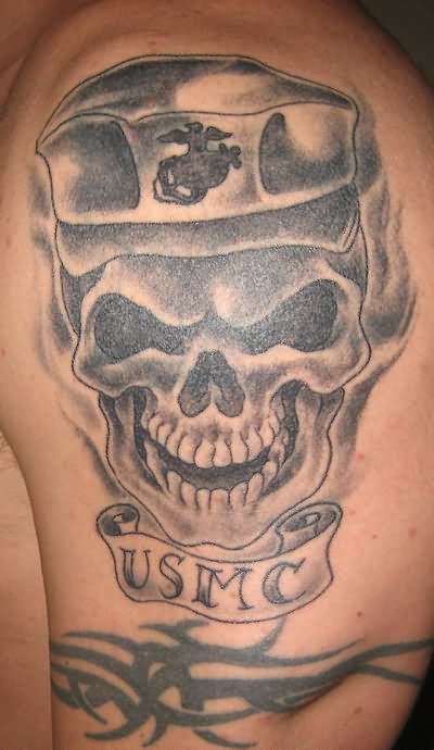 Army Skull With USMC Banner Tattoo On Left Shoulder