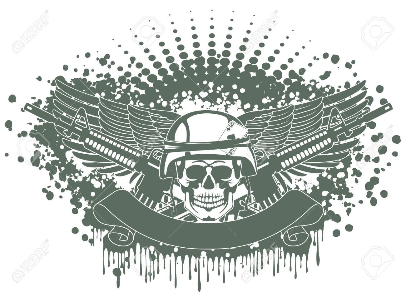 Army Skull With Wings And Ribbon Tattoo Stencil