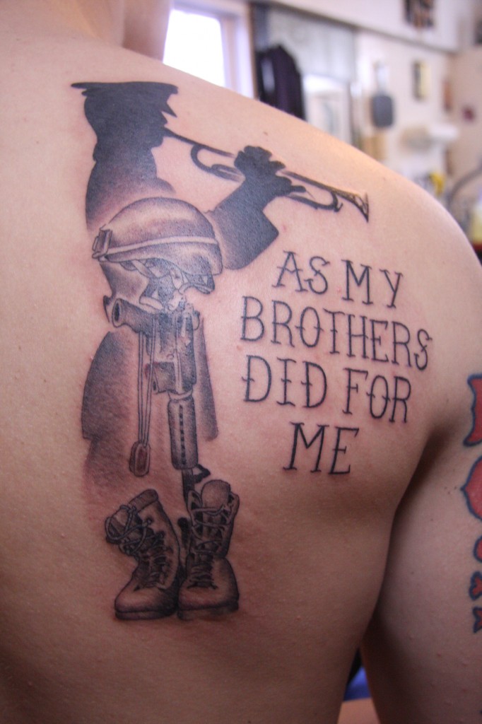 As My Brothers Did For Me - Memorial Army Equipment Tattoo On Right Back Shoulder