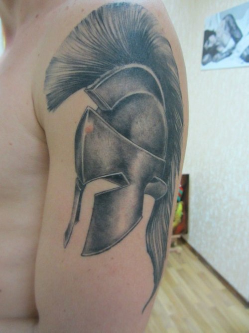 Black And Grey 3D Warrior Helmet Tattoo On Left Half Sleeve