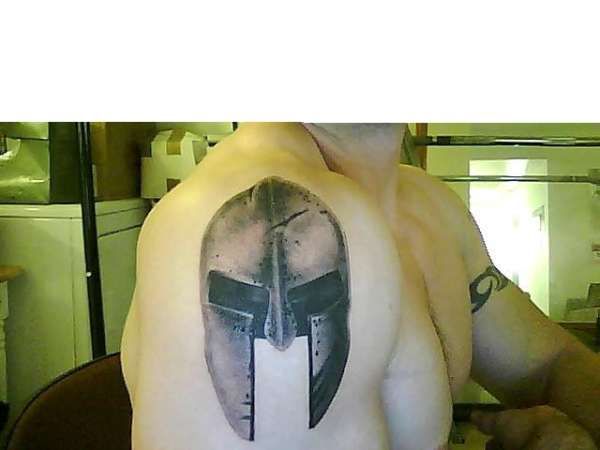 Black And Grey 3D Warrior Helmet Tattoo On Man Right Shoulder
