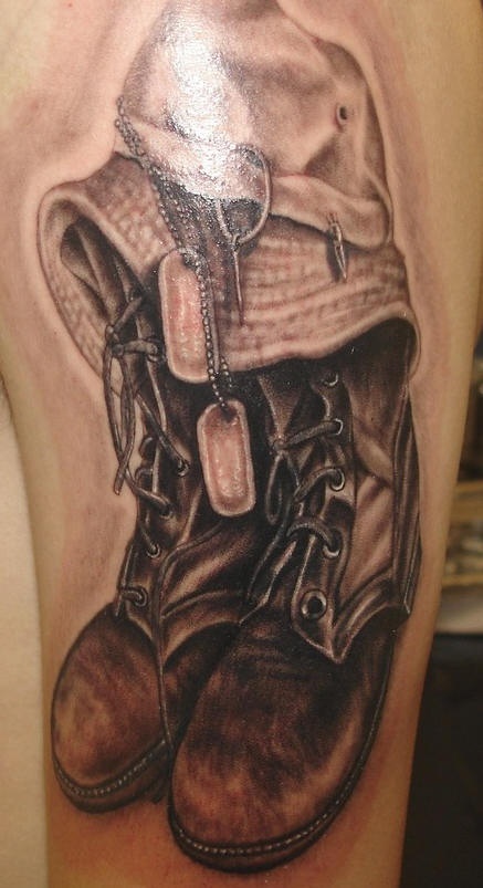 Black And Grey Army Soldier Shoe Tattoo On Half Sleeve