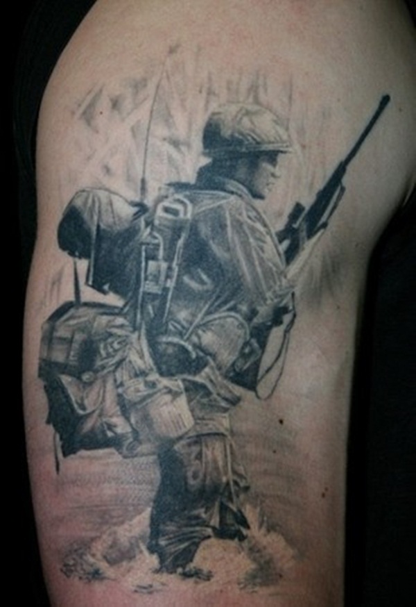 Black And Grey Army Soldier Tattoo Design For Half Sleeve