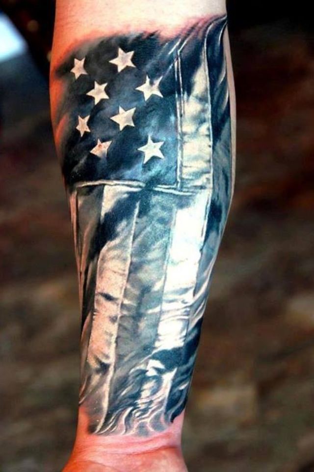 Black And Grey USA Army Flag Tattoo Design For Forearm