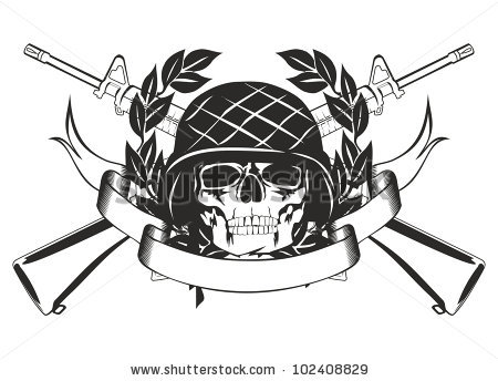 Black Army Skull With Ribbon And Two Crossing Gun Tattoo Stencil