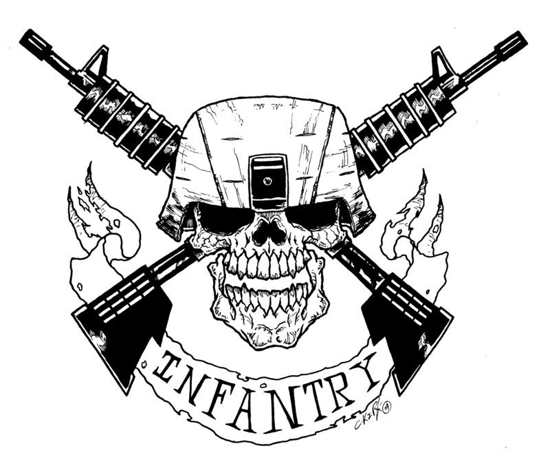 Black Army Skull With Two Crossing Guns And Banner Tattoo Stencil