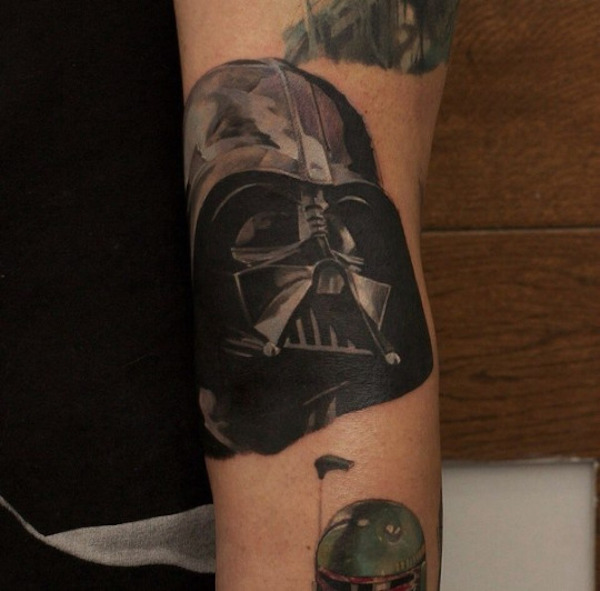 Black Darth Vader Helmet Tattoo Design For Sleeve