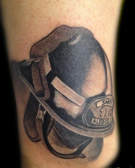 Black Ink 3D Firefighter Helmet Tattoo Design