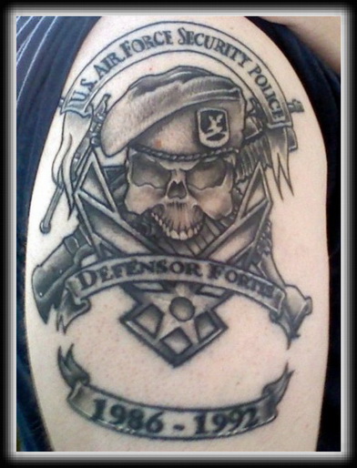 Black Ink Army Skull With Banner Tattoo Design For Shoulder