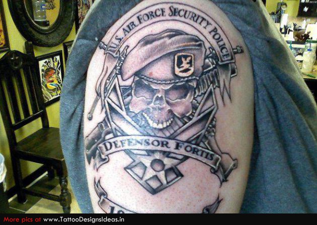 Black Ink Army Skull With Banner Tattoo On Right Shoulder