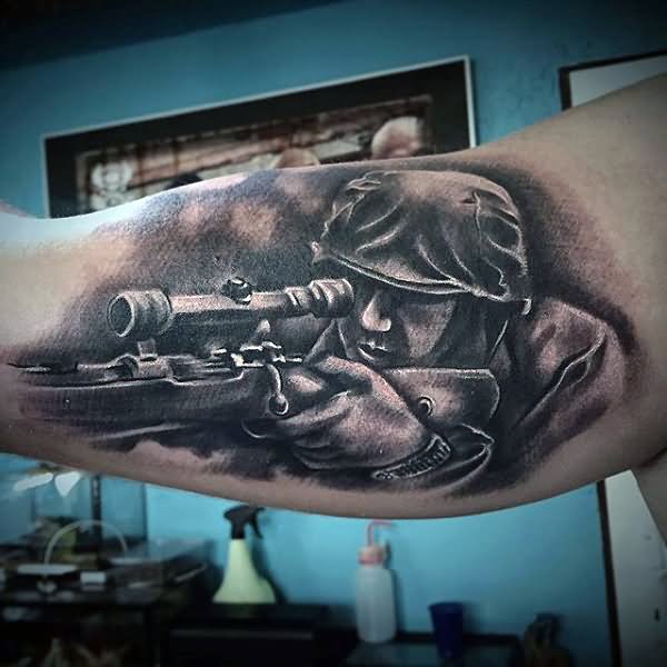Black Ink Army Sniper Tattoo On Bicep