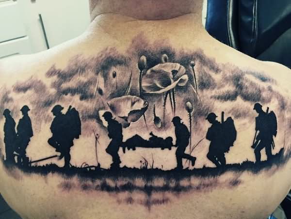 Black Ink Army Soldiers Tattoo On Upper Back