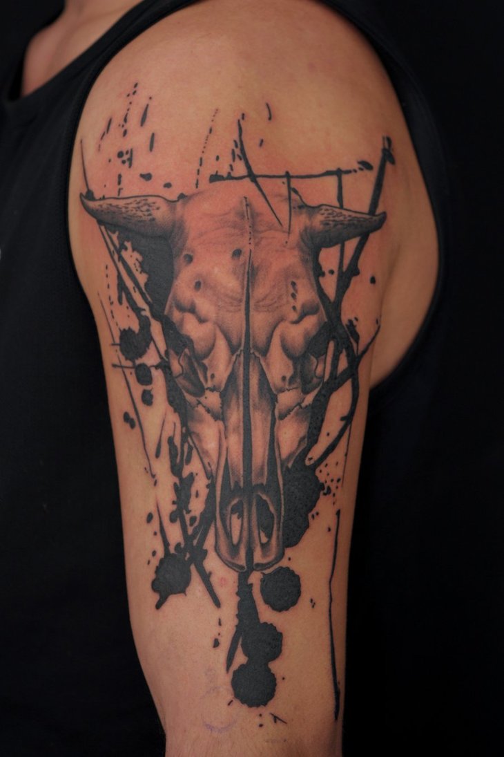Black Ink Cow Skull Tattoo On Left Half Sleeve