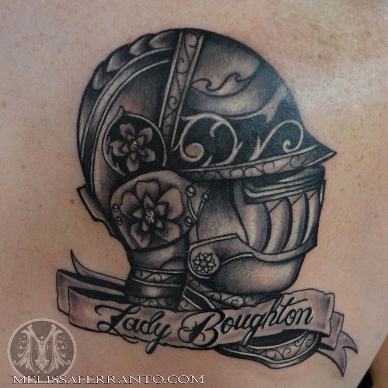Black Ink Knight's Helmet With Banner Tattoo Design