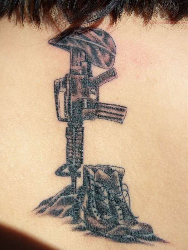 Black Ink Memorial Army Equipment Tattoo Design