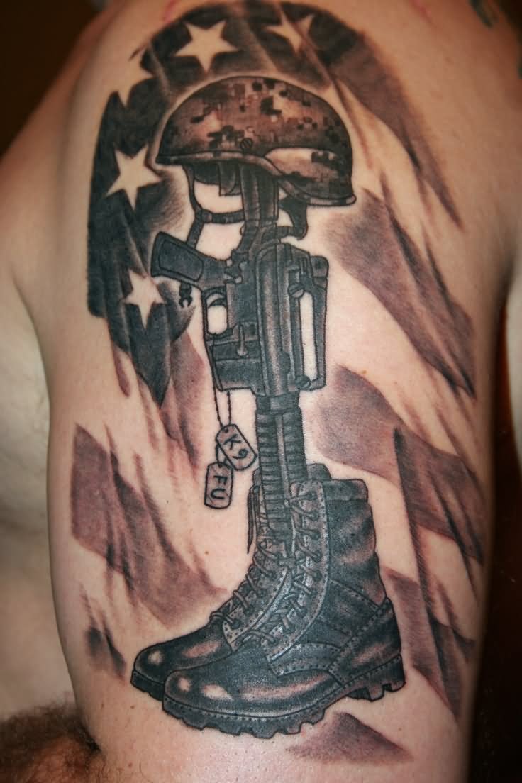 Black Ink Memorial Army Equipment With USA Flag Tattoo Design