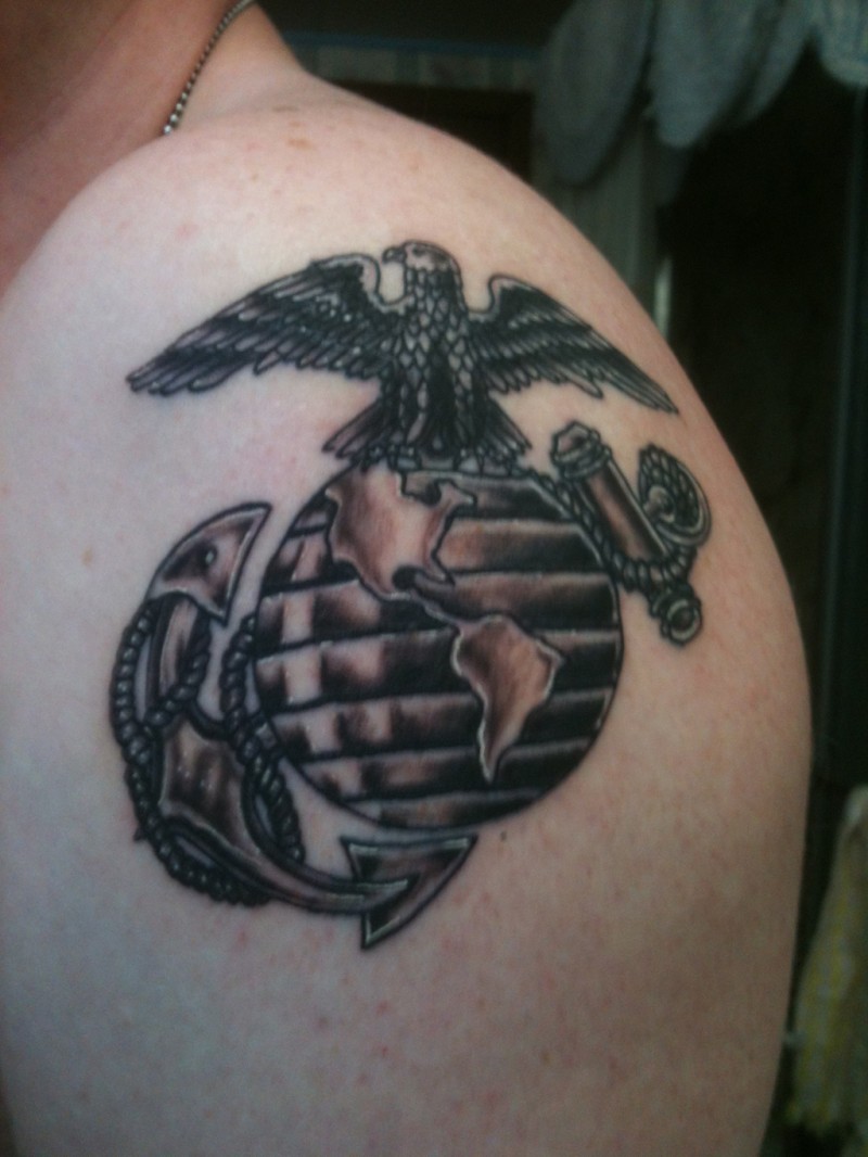Black Ink US Marines Symbol Tattoo On Left Shoulder