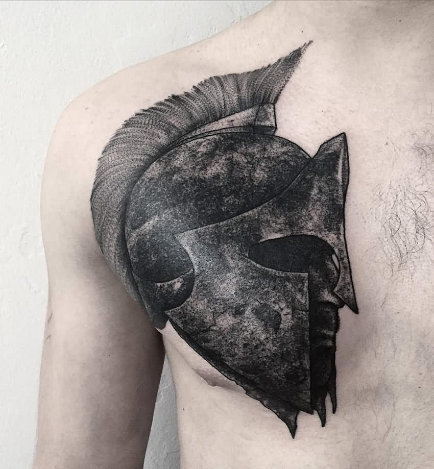 Black Ink Warrior Helmet Tattoo On Man Right Chest