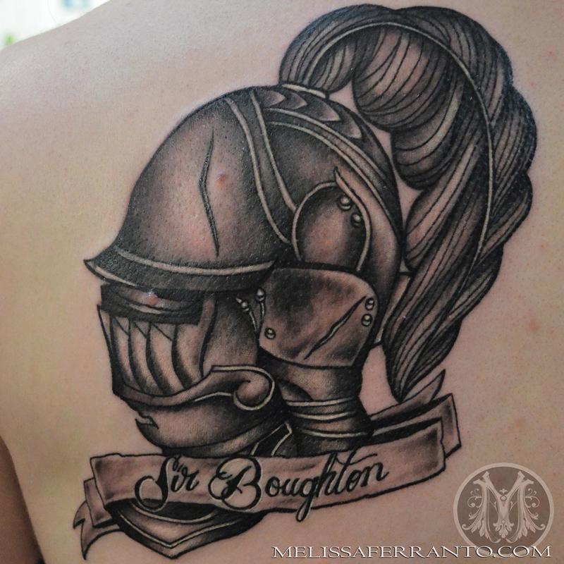 Black Ink Warrior Helmet With Banner Tattoo Design