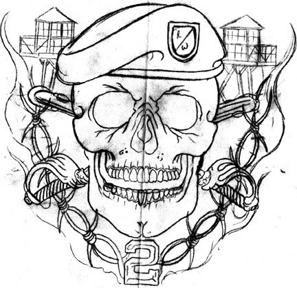 Black Outline Army Skull Tattoo Stencil