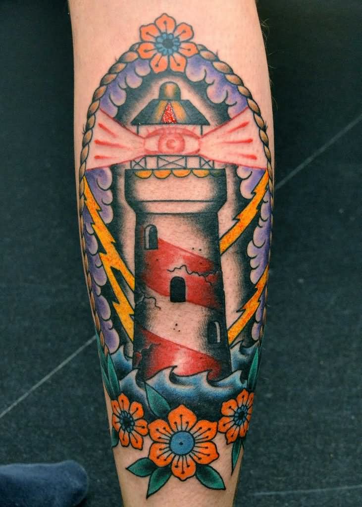 Color Flowers And Neo Traditional Lighthouse Tattoo On Leg Calf