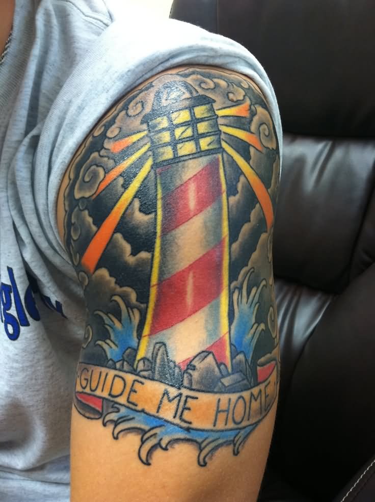 Colored Neo Traditional Lighthouse Tattoo On Left Shoulder