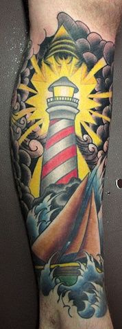 Colored Neo Traditional Lighthouse Tattoo On Leg Sleeve