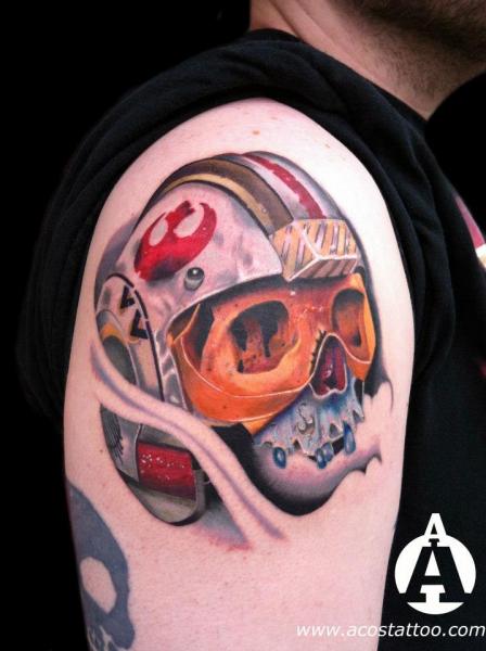 Colorful Skull Wearing Helmet Tattoo On Right Shoulder