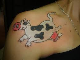 Cute Cow Tattoo On Right Front Shoulder