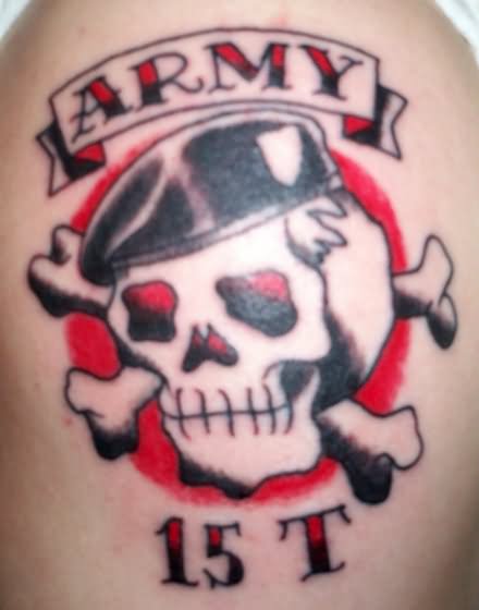 Danger Army Skull With Army Banner Tattoo Design