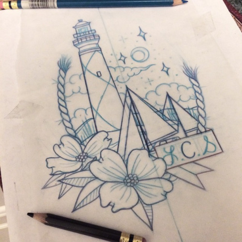 Flower And Neo Traditional Lighthouse Tattoo Design